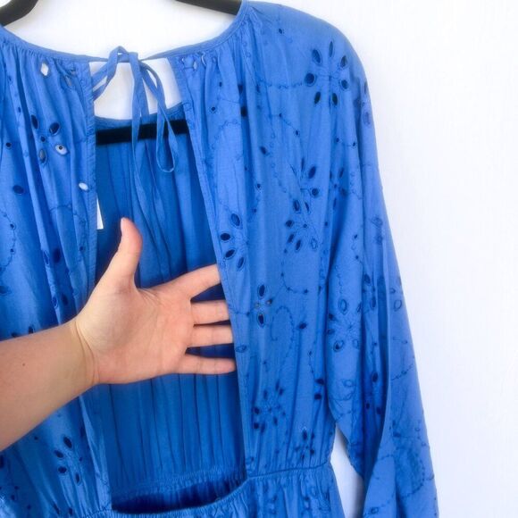 NWT H&M Blue Embroidered Eyelet Lace Long Puff Sleeve Open Back Midi Dress - Picture 12 of 14